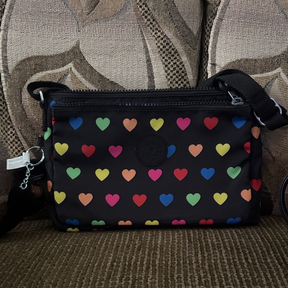 Kipling Black Crossbody Bag with Colorful Hearts